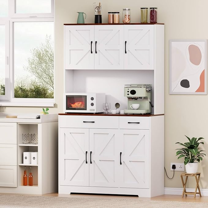 71" Pantry Cabinet with Charging Station, Kitchen Storage Cabinet with Microwave Stand, 8-Zone Organization, 2 Smooth-Glide Drawers, Open Countertop for Dining, Kitchen, Living Room (White)