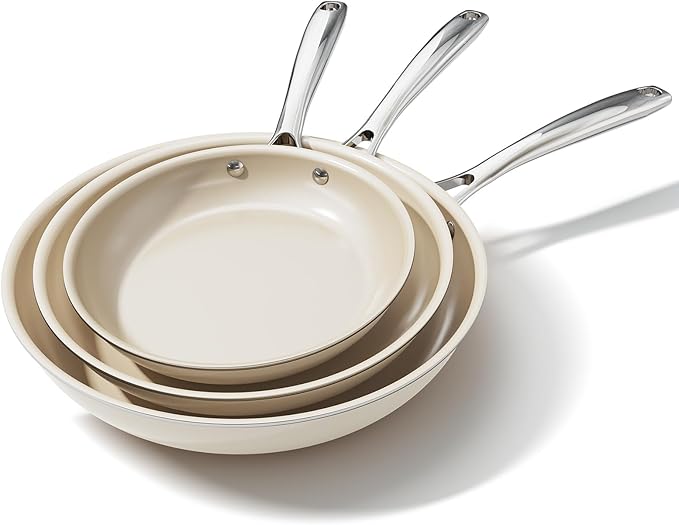 Ceramic Nonstick Frying Pans Set, Fry Pan Skillet, Non Toxic Pans for Cooking, Egg Pans竊똈nduction Suitable竊똏FAS-Free Cookware, Dishwasher Safe, Oven Safe (Cream White, 8''+9.5''+11")