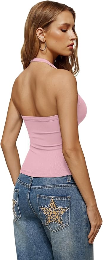 REORIA Womens Backless Halter Tank Top Sleeveless V Neck Fitted Camisole
