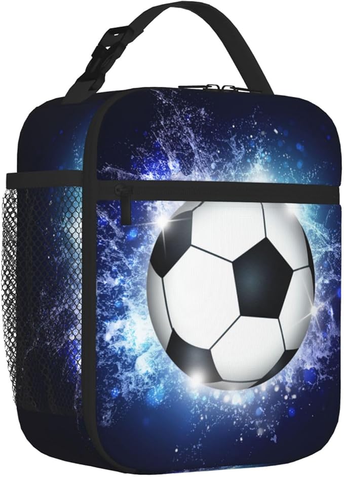 YIJIUWKIS Sports Lunch Box with Soccer Pattern Print, Blue Insulated Lunch Bag for Kids Teens Boys Girls, Reusable Lunch Bag Ice Packs Containers Tote Handbag with Water Bottle Holder and Handle