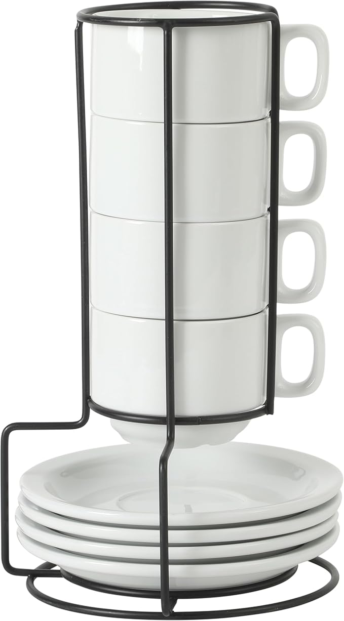 Gibson Home Gracious Dining 7-Ounce Cappuccino Cups Set of 4, Stackable Coffee Cups with 4 Saucers, Metal Stand, Coffee Mugs for Latte, Caf챕, Mocha, Tea