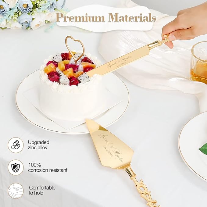 Wedding Cake Knife and Server Set, Personalized Gold Cake Cutting Set for Wedding, Engraved Classic Cake Knives Cutter Set, Pie Server, Birthday Bridal Quincea챰era Gift (CUS-Love)
