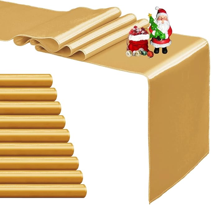 10-Pack Old Gold Satin Table Runner 12 x 108 Inch Long Bright and Smooth Silk Fabric Table Runner for Wedding Banquet Birthday Party Decoration