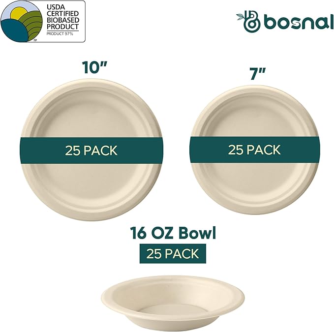 BOSNAL 10 inch & 7 inch Round Plates with 16 oz Bowls ??100% Plant-Based Sugarcane Bagasse, Eco-Friendly Disposable Dinnerware for Hot & Cold Meals, Microwave Safe, Compostable, Durable & Sustainable