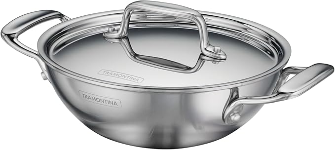 Tramontina Utsava Tri-Ply Clad Stainless Steel 1.8-Quart Kadai with Lid and Ceramic Non Stick Interior, Induction-Ready Small Kadhai Pot for Indian Cooking