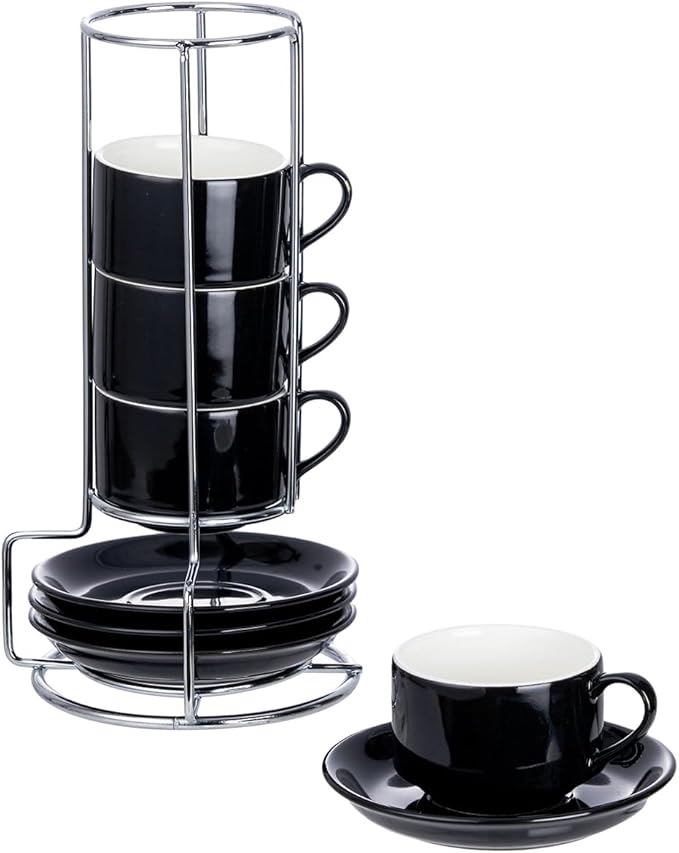 2.5oz Espresso Cups Set of 4, Small Stackable Coffee Cups with Saucers and Metal Stand, Ceramic Demitasse Cups, Cappuccino Cups for Coffee Drinks, Latte, Black