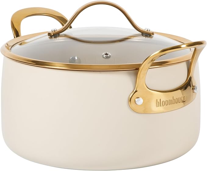 Bloomhouse - Two Time Oprah's Favorite Things Winner - 6 Quart Heavy Duty Aluminum Premium PFA Free Ceramic Nonstick Dutch Oven Pot with Lid - Almond Cream w/Gold Handle