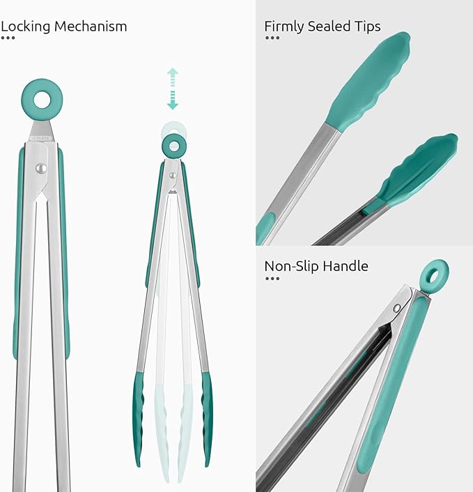 600쨘F Heat Resistant Kitchen Tongs: U-Taste 12 in Large Silicone Cooking Tong with Sturdy Non Stick Rubber Tips & Silicon Coated 18/8 Stainless Steel Handle & Smooth Locking for Serving Grill-Aqua Sky