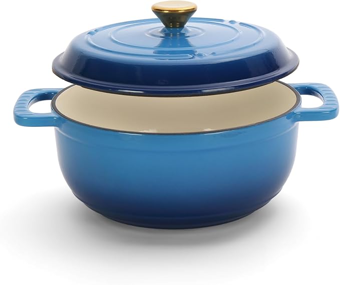 Dutch Oven Pot with Lid, 5 Quart Enameled Cast Iron Dutch Oven, Dual Handles, Kitchen Pots Oven Safe up to 500째F, Stovetop Compatible, Marinate, Cook, Bread Baking, Refrigerate & Serve, Blue