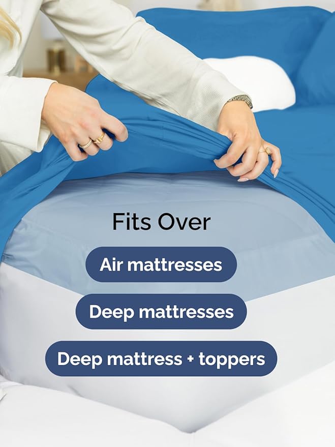 Extra Deep Pocket Full Sheets - 4 Piece Breathable & Cooling Bed Sheets - Hotel Luxury Bed Sheet Set - Soft, Wrinkle Free & Comfy - Easily Fits Extra Deep Mattresses - Deep Pocket Denim Blue Sheets