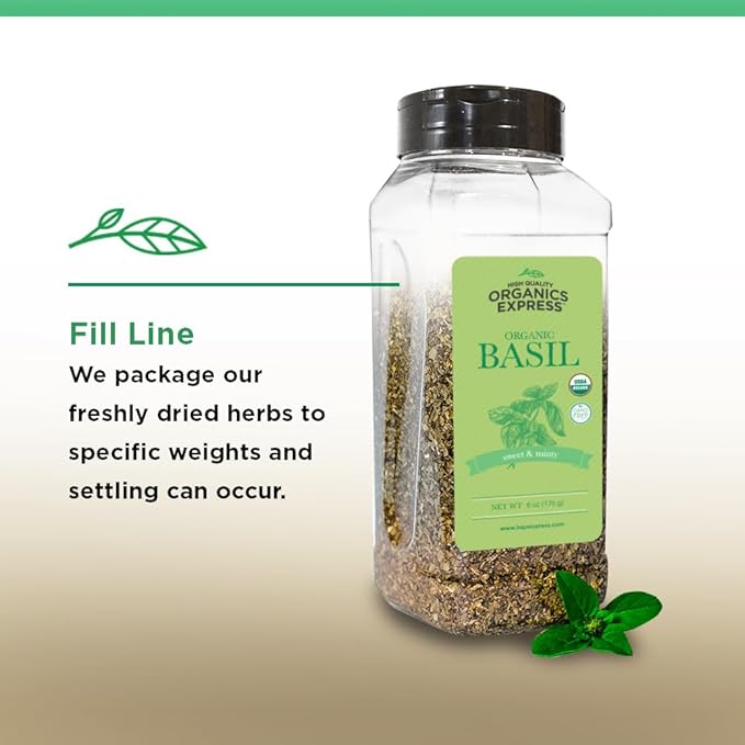 HQOExpress Organic Basil Medium Cut ??Non GMO, Kosher, USDA Certified Organic Basil Leaves, Dried and Ground ??Peppery and Aromatic Seasoning for Soups, Sauces, Dressings and Salads, 6 oz. Chef Jar