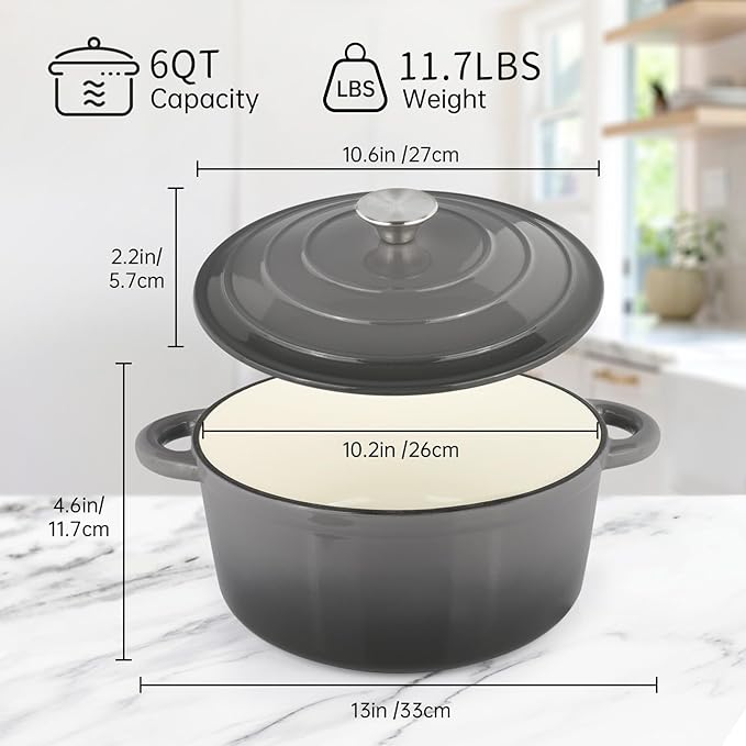 6 Quart Enameled Cast Iron Dutch Oven Pot with Lid, Oven Safe up to 500째F or on Stovetop, Non-stick Dutch Oven for Bread Baking, Cooking, Dual Handles Cookware, Grey