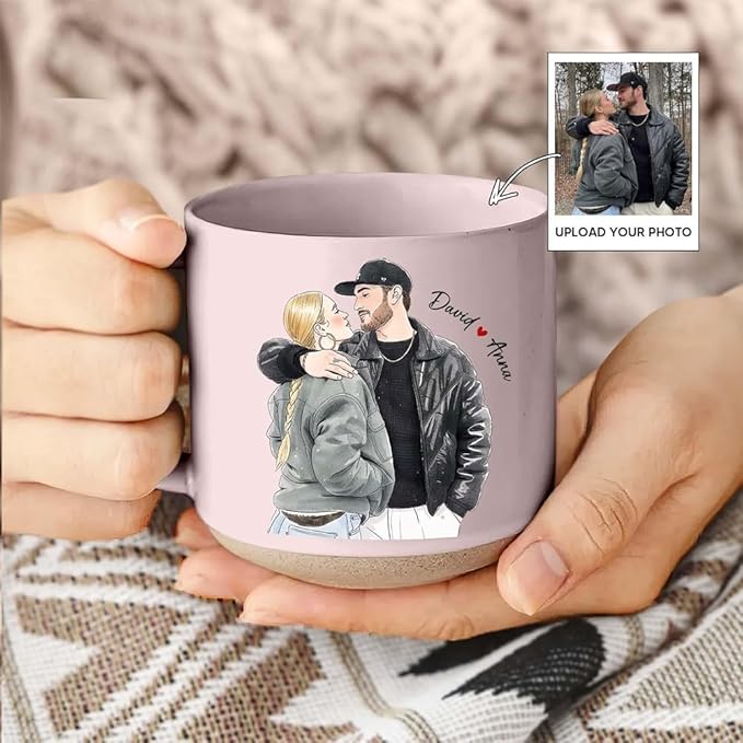 Custom Valentine Pottery Mug with Watercolor Photo, Personalized Couple Coffee Cups, Custom Valentine Gifts for Girlfriend Boyfriend, Personalized Gifts for Couple with Unique Design