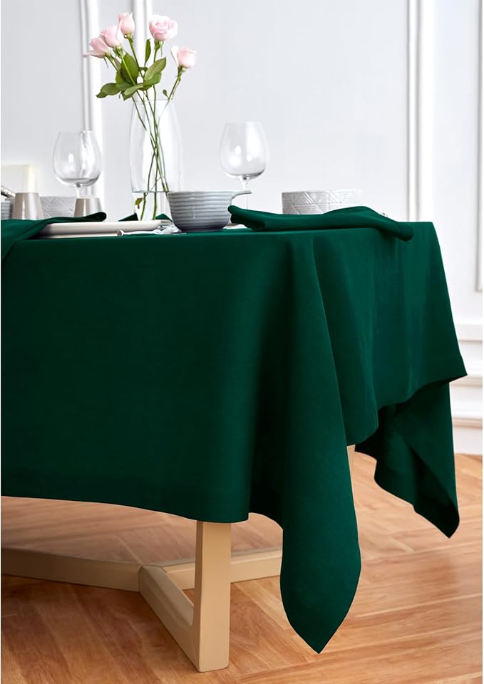 Solino Home Green Linen Tablecloth 70 x 120 Inch - 100% Pure Linen Table Cloth for Rectangle Tables - Sonoma, Machine Washable Tablecloth for Winter, St Patricks Day