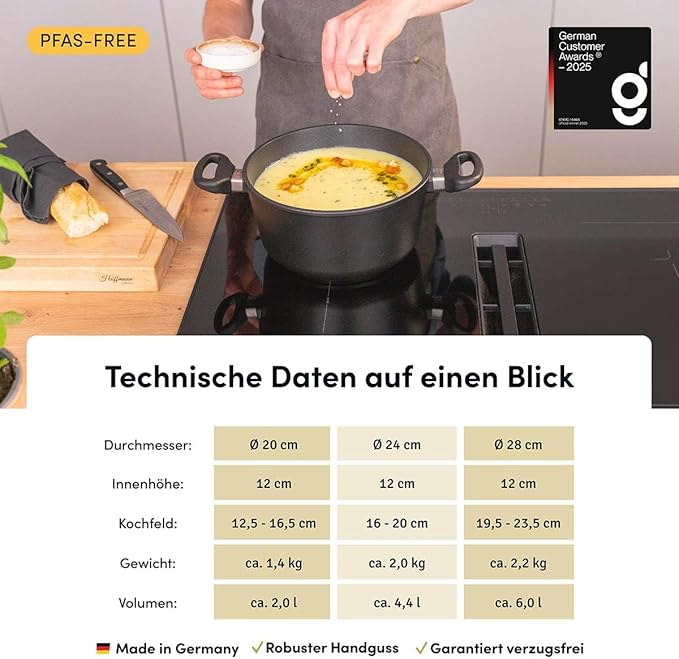 Hoffmann Stoniq Saucepan Hand-Cast Made in Germany, IQ-SHIELD Non-Stick Coating, PFAS-Free, Suitable for Induction Cookers, Casserole Pot, Cast Aluminium with Stainless Steel (with Lid,9.5"(121.7oz))