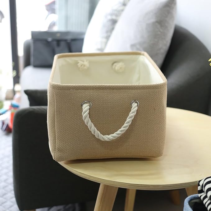 TheWarmHome Decorative Basket Rectangular Small Storage Basket Fabric Storage Bin Organizer Basket with Handles for Clothes Storage (Beige, 11.8L횞7.9W횞5.2H inch)