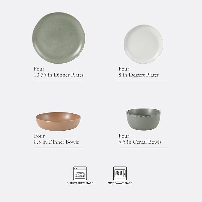 Gibson Elite Menlo Park 16-Piece Pottery Clay Stoneware Dinnerware Set ??Assorted Color Reactive Glaze, Organic Shape Embossed Plates and Bowls W/Pasta Bowl, Service for 4 Microwave Dishwasher Safe