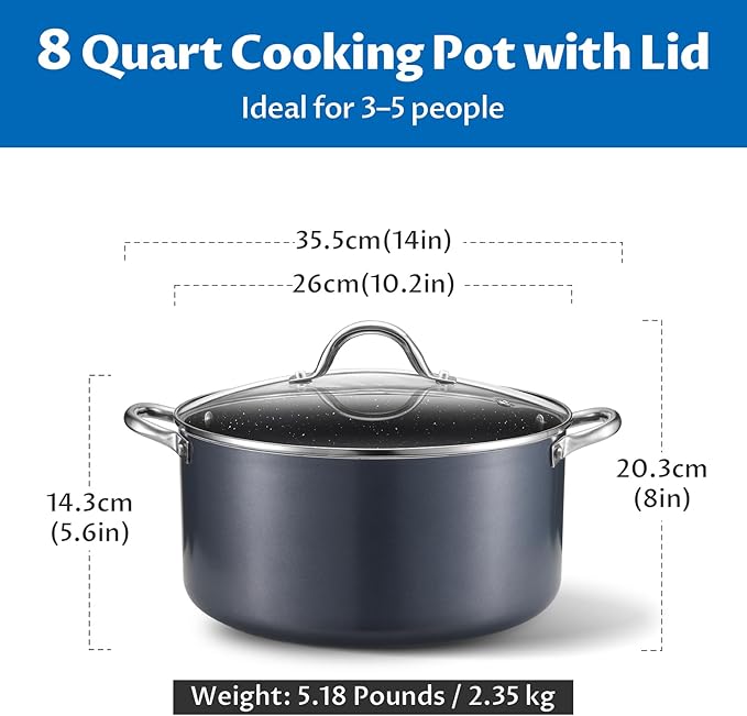 BEZIA 8 Quart Cooking Pot, Large Non Stick Induction Stock Pots with Lid, All Stove Compatible, 8 QT Aluminum Soup/Stew Pot For Families of 3??, Grey