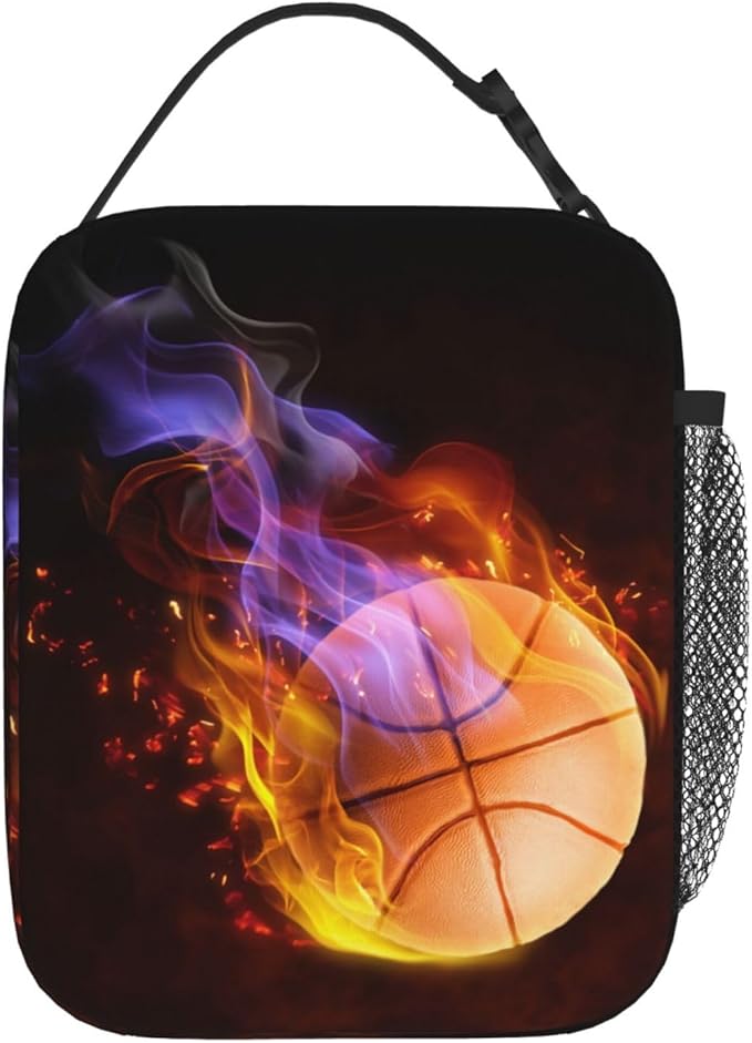 Basketball Lunch Box with Fire Pattern, Sports-themed Lunch Bag for Kids Teens Adults Boys Men, Insulated Leakproof Waterproof Reusable Lunch Bags Portable Durable Cooler Tote Bag with Mesh Pocket