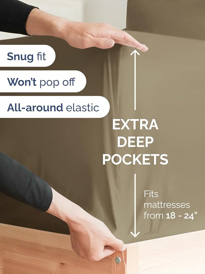 Extra Deep Pocket King Sheets - 4 Piece Breathable & Cooling Bed Sheets - Hotel Luxury Bed Sheet Set - Soft, Wrinkle Free & Comfy - Easily Fits Extra Deep Mattresses - Deep Pocket Khaki Sheets Set