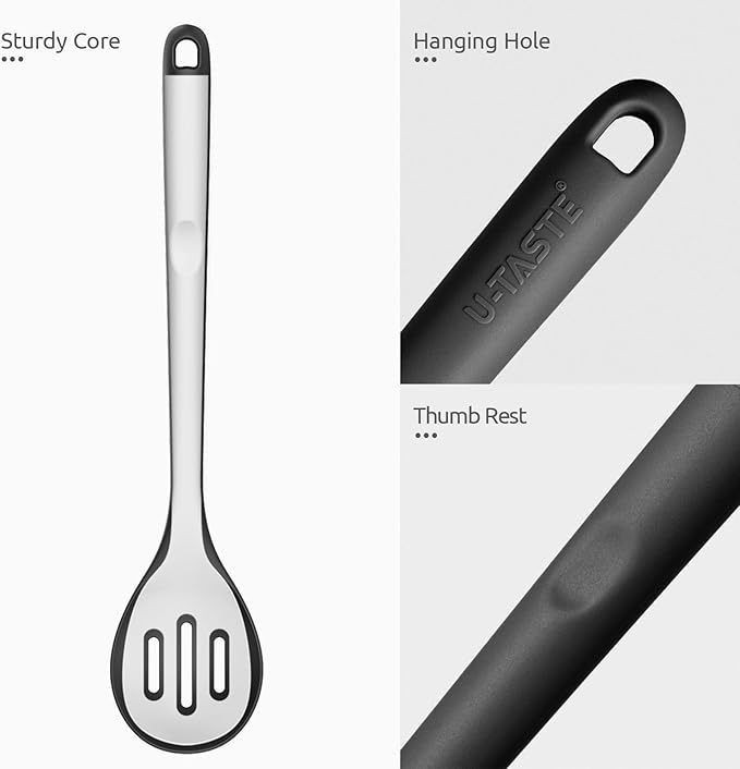 600쨘F Heat Resistant Slotted Spoon: U-Taste 13.3in Solid Kitchen Cooking Spoon, Nonstick Food Grade Large & Long Rubber Utensil for Mixing, Serving, Stirring, Basting, Frying, Draining (Black)