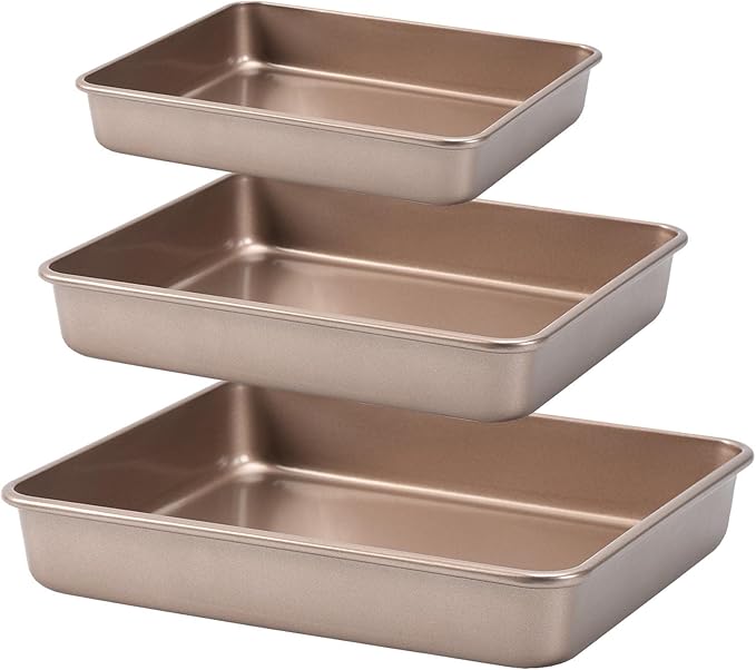 CAMOFOXIN Nonstick Roasting Pan, Deep Baking Pan Set, Large Cake Pan Sets for Oven, 3-Piece Brownie Pan （Gold）