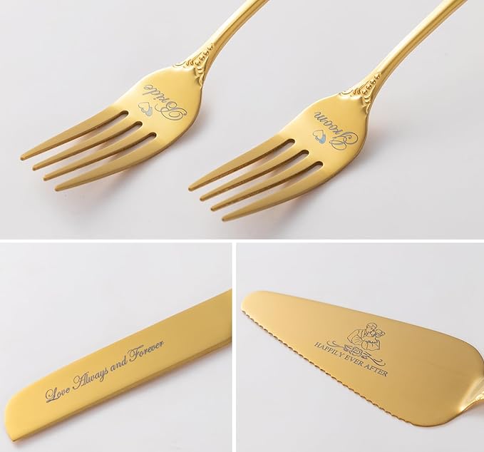 Cake Cutting Set for Wedding, Gold Wedding Cake Knife and Server Set, 4 Pieces pizza spatula and Knife with Forks for Engagements, Anniversaries