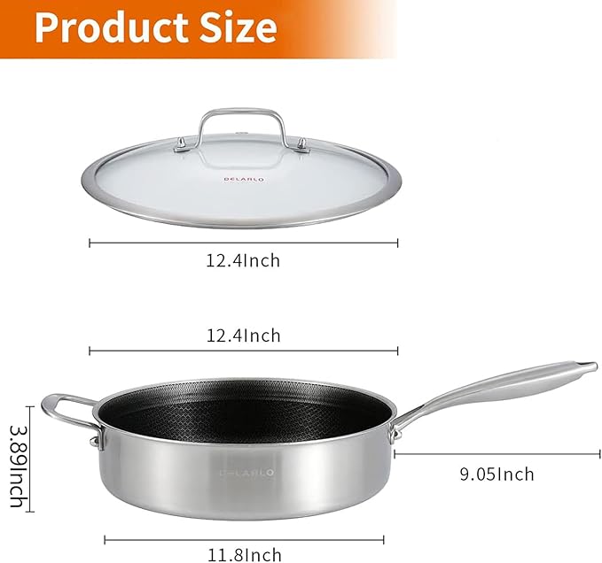 DELARLO Tri-Ply Stainless Steel 12 Inch Deep Frying Pan with lid,7QT Saute Pan Nonstick,Compatible with All Cooktops,Oven Up to 660??Chicken Fryer,Dishwasher-Friendly