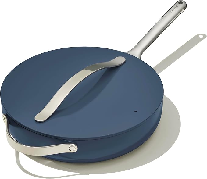 Caraway Nonstick Ceramic Saut챕 Pan with Lid (4.5 qt, 11.8") - Non Toxic, PTFE & PFOA Free - Oven Safe & Compatible with All Stovetops (Gas, Electric & Induction) - Navy