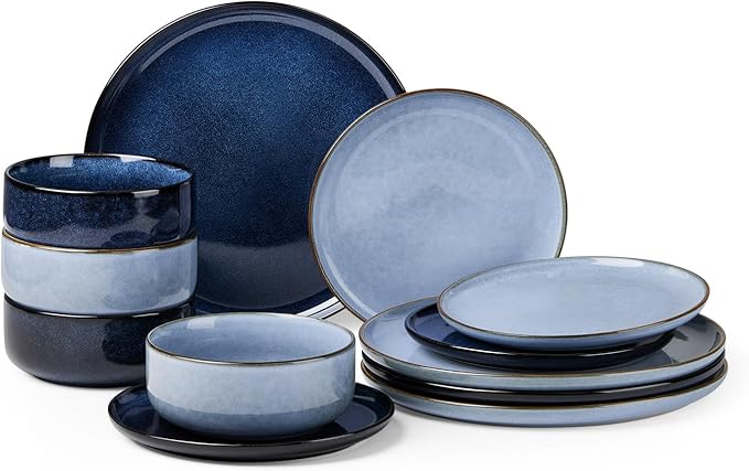 Herogo Stoneware Plates and Bowls Sets for 4, 12 Pieces Modern Dinnerware, Reactive Glaze Dishes Set for Kitchen, Chip Resistant, Microwave & Dishwasher Safe, Starry Blue & Haze Blue
