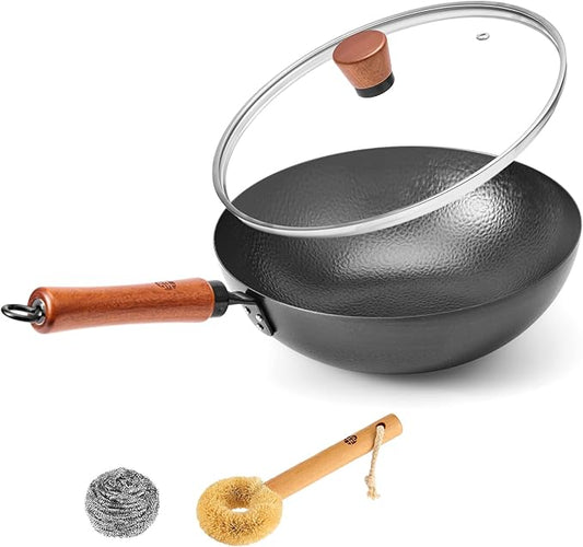 WANGYUANJI 11 Inch Round Bottom Iron Wok, Hand-Hammered Uncoated Wok with Wooden Handle, Traditional Stir-Fry Pan for Gas Stove or Wok Ring, Not for Flat Cooktops