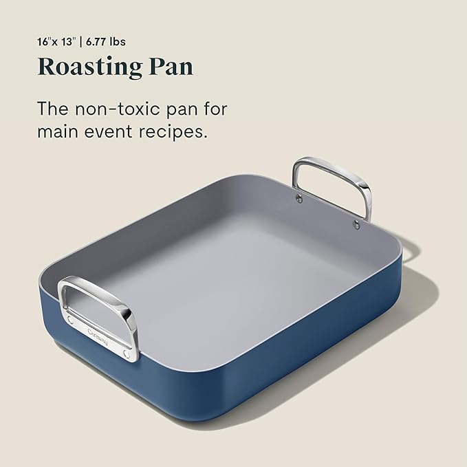 Caraway Roasting Pan - 16x13??Roasting Pan with Rack - Non-Stick Ceramic Coated - Non Toxic, PTFE & PFOA Free - Oven Safe & Compatible with All Stovetops - Navy