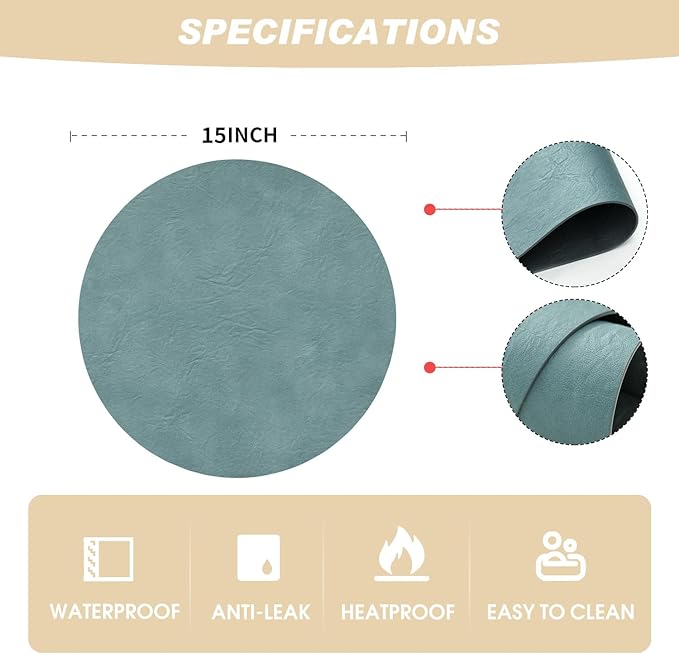 Artoid Mode Blue Faux Leather Placemats Set of 4, 15 Inch Waterproof Wipeable Heat Resistant Place Mats, Reversible Table Mats for Winter Kitchen Dining Decor