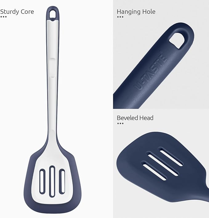 600쨘F Heat Resistant Slotted Turner: U-Taste 13.6" Silicone Kitchen Spatula Flipper, 3.74in Wide Food Grade Flexible Rubber Cooking Utensil for Egg, Pancake, Cookie, Nonstick Cookware-Midnight Blue