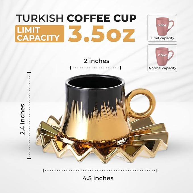 Turkish Coffee Cup Set of 6 with Saucers & Tray - Luxury Arabic Greek Japanese Marble Ceramic Tea Cups for Espresso Cappuccino Latte Mocha, Ideal Gift - 3.5oz, Black Gold
