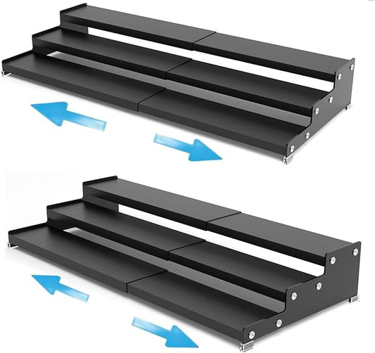 Expandable Spice Rack Storge organizer with 3-Tier step shelf for cabinet,seasoning racks organizion.Great for Kitchen countertop shelves,Pantry and more(2packs/Black)