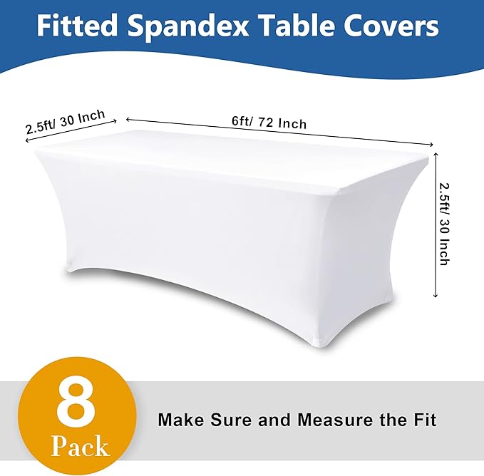 Enjoyidea Table Cover for 6 foot Rectangle Tables-8 Pack White Fitted Stretch Tablecloth-Elastic Spandex 6ft Folding Tablecloths for Party, Vendor Booth Display, Banquet Buffet Event, Craft Trade Show