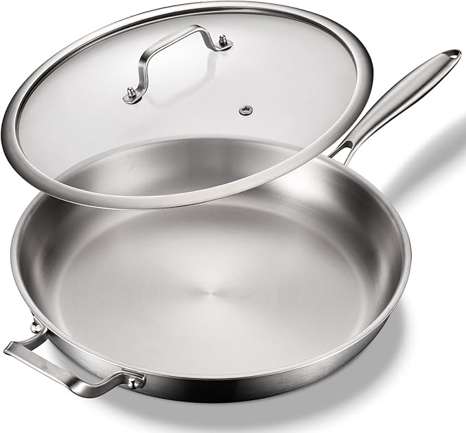 DELARLO Stainless Steel Pan, 14.2 Inch Frying Pan, Tri-Ply Skillet with Lid, Oven Safe Up to 600?? Stainless Steel Cookware, Fast Even Heat, Large Cooking Surface,Non Toxic Large Skillet