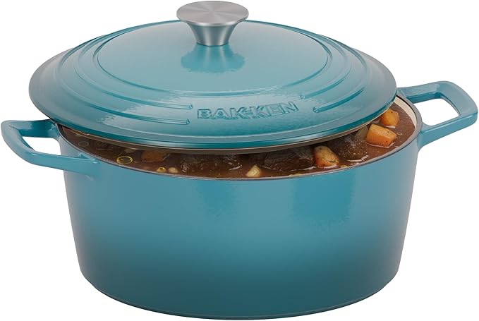 Bakken Enameled Cast Iron Dutch Oven Pot, 6QT Dutch Oven for Bread Baking, Braising & Roasting, Kitchen & Campfire Cooking, Moisture-Locking Lid, Oven Safe Up To 500째F, Works on All Cooktops, Teal