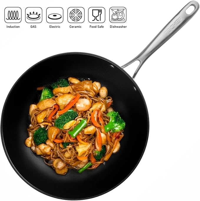 TECHEF - Onyx Collection, 12" Nonstick Flat Bottom Wok/Stir-Fry Pan with Glass Lid, PFOA Free, Dishwasher and Oven Safe, Made in Korea