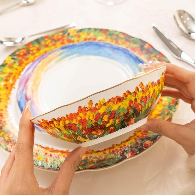 Exquisite ceramic tableware 3 Piece Bone China Modern Round Dishes Sets,Dinnerware dishset for Kitchen,Dinner Plate,Dessert Plate,Soup Bowl,Colorful flowers