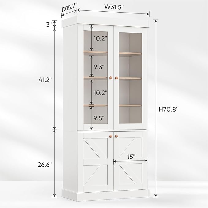 71" Tall Kitchen Pantry Cabinet, Rustic Farmhouse Storage Hutch with Glass Doors & Adjustable Shelves, Freestanding Wood Buffet Cabinet for Dining Room, Living Room, White