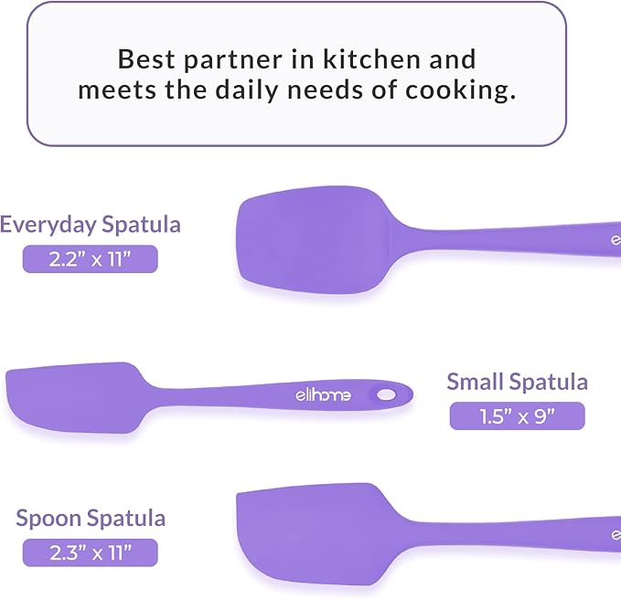 Elihome Chef Series 3 Piece Silicone Spatula Set - 600째F Heat Resistant Non Stick Rubber Kitchen Scraper Spatulas for Cooking, Baking, and Mixing ??BPA Free and LFGB Certified Silicone, Purple Color