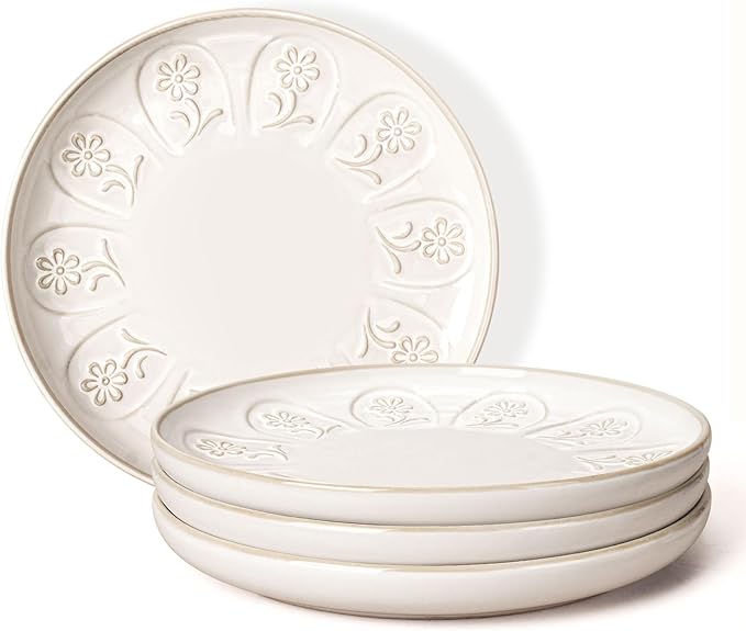 Artena Salad Plates Set Of 4, 8.5 Inch Embossed Appetizer Plates, Ceramic Dessert Plates, Small Dinner Kitchen Plates With Lipped Edges, Microwave Oven Dishwasher Safe (Pinwheel Flower)