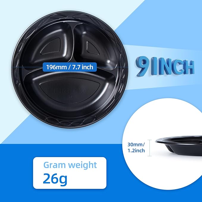 YANGRUI Disposable Plates BPA Free 9 Inch 150 Pack - Shrink Wrap Food Grade Mineral Filled PP | Reusable Microwave Safe Heat-Retention Design | Commercial Restaurant Black 3 Compartment Plastic Plate