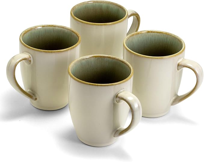 Sango Resona Moss Green Stoneware Mugs (Set of 4) ??12 fl. oz, Durable Stoneware with Reactive Glaze, Delicate Gray-Green Interior, Microwave & Dishwasher Safe, for Everyday Dining & Entertainment