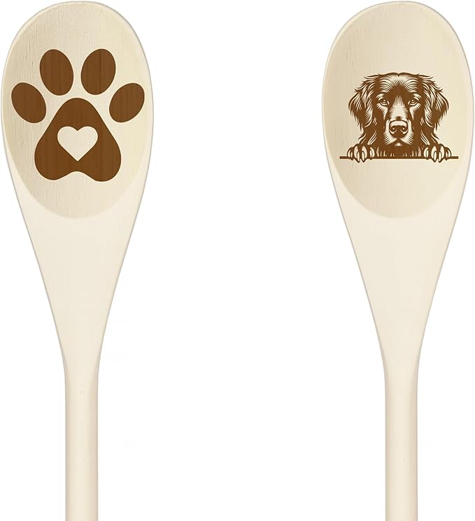 FLAT COATED RETRIEVER Wooden Spoons for Cooking, Serving or Decorative Kitchen Utensils Set Dog Lover Dog Mom/Dad Gift with Peeking Dog Designs, Paw Print and Dog Head, Kitchen Utensils Set of 2