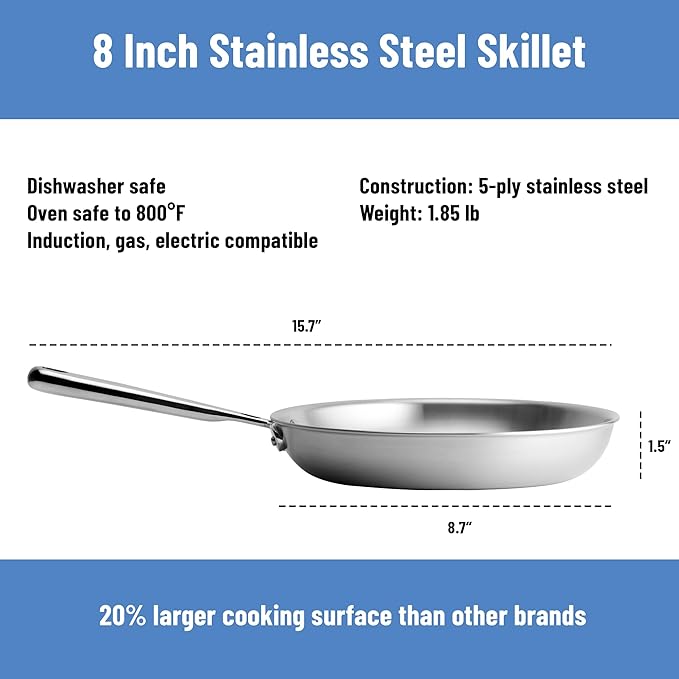 Misen 5-Ply Stainless Steel 8" Frying Pan - Professional Cookware for Induction, Gas and Electric - Dishwasher Safe, Oven Safe to 800째F - Durable, Versatile, Even Heating