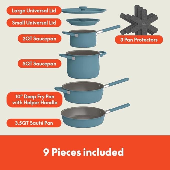 bella 9 Piece Ceramic Nonstick Cookware Set, Fits-anywhere??Kitchenware w EverGood??Coating, Dishwasher & Oven Safe, All Stovetops Compatible, Stackable Design, Cool Touch Handles, Surf