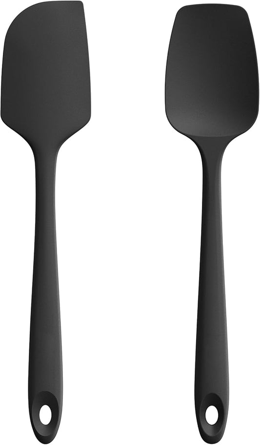 U-Taste Flat Spatula & Spoon Spatula: 11.38in 600쨘F Heat Resistant Silicone Bowl Scraper, Flexible Rubber Kitchen Cooking Mixing Utensil with Upgraded Non-Stick Surface (Set of 2, Black)
